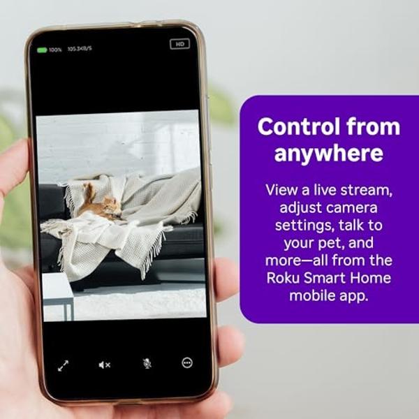 Roku New Indoor Camera 2024 - Home Security - 1-Pack - Wired Security Camera & Pet Monitor with 1080p HD Color Night Vision, Works with Alexa & Google, Motion & Sound Detection, WD