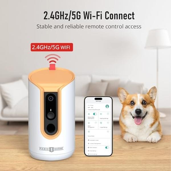PARIS RHÔNE 2K Pet Camera, 360°View Dog Camera Treat Dispenser, 5G WiFi Pets Monitoring with Phone APP, Two-Way Audio, Infrared Night Vision, Barking Detection and Motion Alerts, W