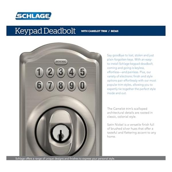 Schlage BE365 CAM 626 Camelot Keypad Deadbolt, Electronic Keyless Entry Lock, Satin Chrome
