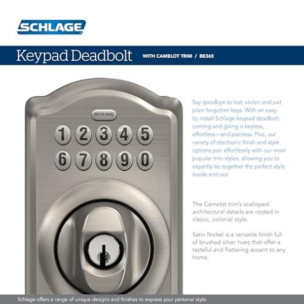 Schlage BE365 CAM 626 Camelot Keypad Deadbolt, Electronic Keyless Entry Lock, Satin Chrome