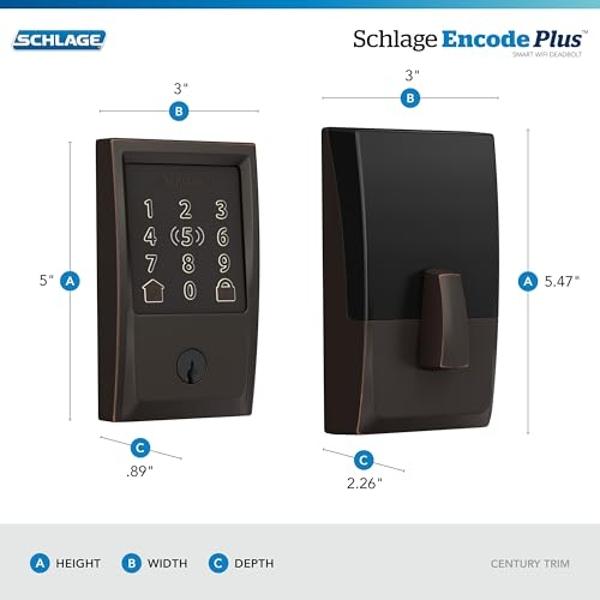 Schlage BE499WB CEN 716 Encode Plus WiFi Deadbolt Smart Lock, Keyless Entry Touchscreen Door Lock with Century Trim, Aged Bronze