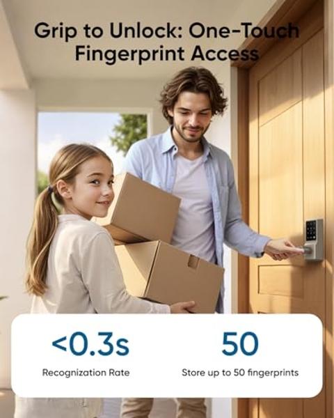 eufy Smart Lever Lock C33, Keyless Fingerprint Door Lock with Handle, Integrated Wi-Fi, Remote Control via App, Biometric Entry Knob, Auto-Locking, IP53 Waterproof, Nickel (2025 Ne