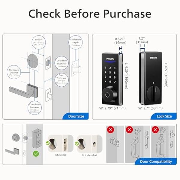 Philips Wi-Fi Smart Door Lock, Keyless Entry Door Lock with App Control,Fingerprint ID,Auto Lock,Keypad Deadbolt with Wi-Fi Bridge Adaptor,Smart Locks for Front Door-Satin Nickel