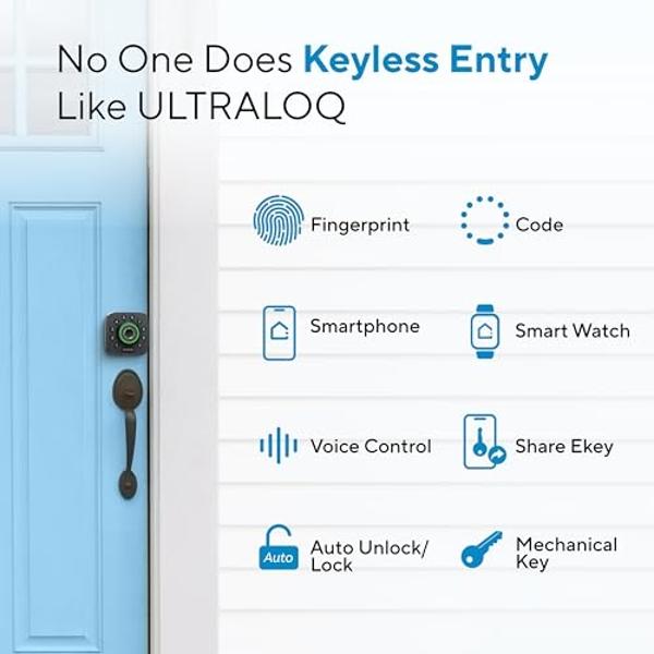 ULTRALOQ Smart Lock U-Bolt Pro, 7-in-1 Fingerprint Keyless Entry Door Lock with App Control, Anti-peep Keypad, Auto Lock, Smart Deadbolt Front Door, IP65 Waterproof, Easy Installat