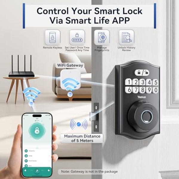 Yeolet Fingerprint Door Lock Keyless Entry Door Lock Deadbolt with App Control Smart Door Locks for Front Door with Code Keypad Deadbolt Auto-Lock Anti-Peeping Code Easy Installati