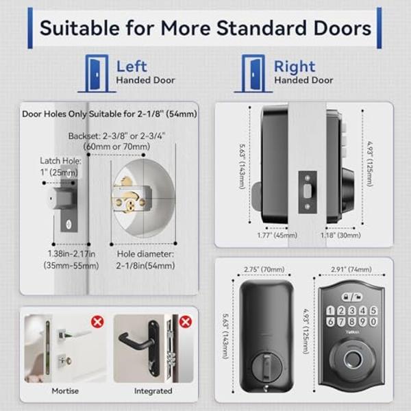 Yeolet Fingerprint Door Lock Keyless Entry Door Lock Deadbolt with App Control Smart Door Locks for Front Door with Code Keypad Deadbolt Auto-Lock Anti-Peeping Code Easy Installati