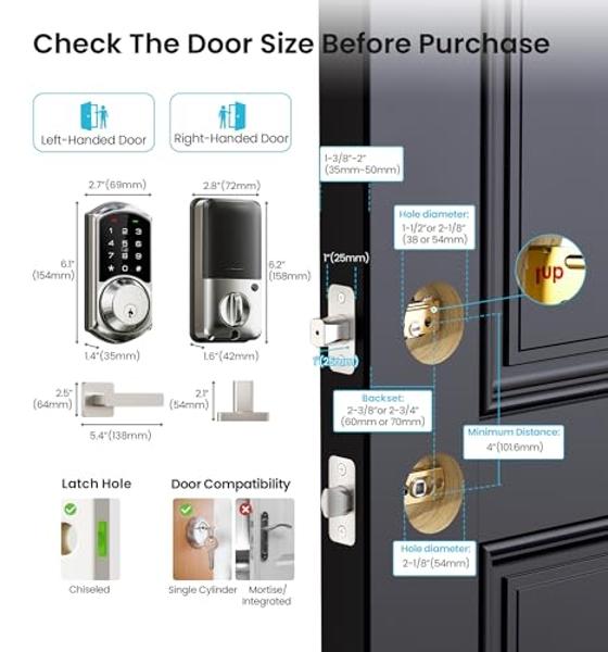 Smart Door Lock Deadbolt with Keypad: Keyless Entry Door Lock - Fingerprint Lock for Front Door - Electronic Lock with Bluetooth and APP Control - Waterproof IP66 for Outdoor