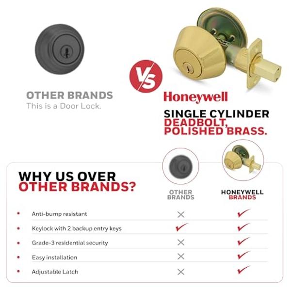 Honeywell Safes & Door Locks - Single Cylinder Front Door Deadbolt Lock Set - Anti-Bump Resistant Dead Bolt Lock for Exterior Doors with 2 Entry Keys - Polished Brass - 3 x 5 x 8.5