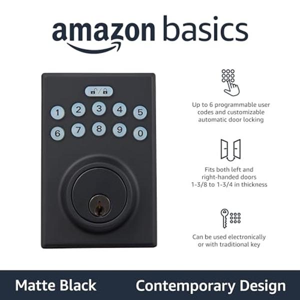 Amazon Basics Electronic Keypad Deadbolt Door Lock with Touch-Control Keyless Entry, Keyed Entry Option, Contemporary, Matte Black, 6-Pack