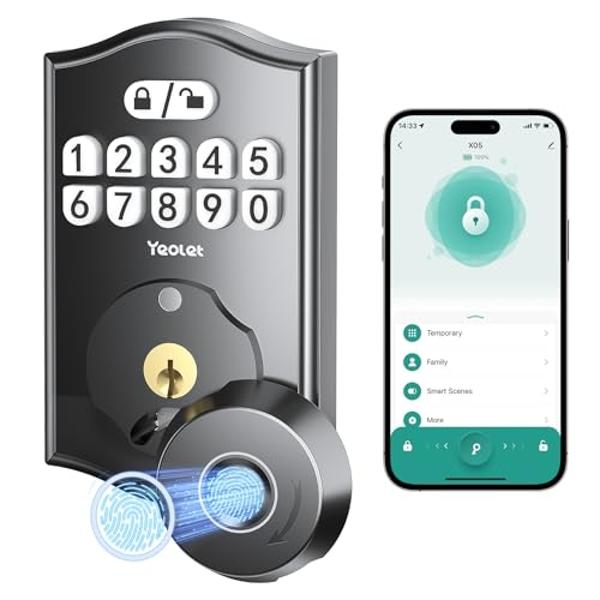 Yeolet Fingerprint Door Lock Keyless Entry Door Lock Deadbolt with App Control Smart Door Locks for Front Door with Code Keypad Deadbolt Auto-Lock Anti-Peeping Code Easy Installati