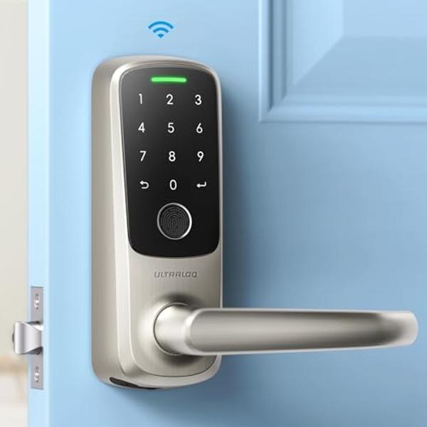 ULTRALOQ Latch 5 Smart Lock, Built- in WiFi 6 Fingerprint Door Handle Lock, Biometric Keyless Entry Door Lever with App, Digital Touchscreen Keypad, Smart Locks for Front Door, App