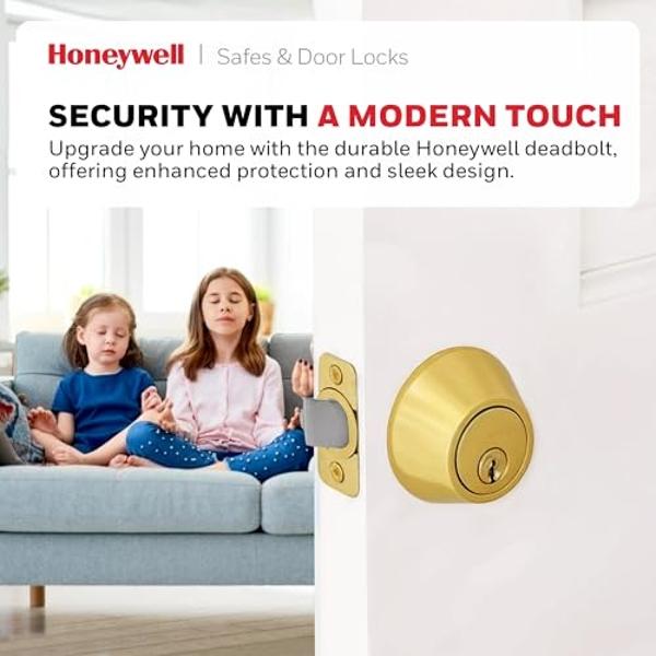 Honeywell Safes & Door Locks - Single Cylinder Front Door Deadbolt Lock Set - Anti-Bump Resistant Dead Bolt Lock for Exterior Doors with 2 Entry Keys - Polished Brass - 3 x 5 x 8.5