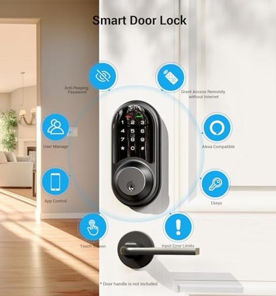 ULTRALOQ Latch 5 Smart Lock, Built- in WiFi 6 Fingerprint Door Handle Lock, Biometric Keyless Entry Door Lever with App, Digital Touchscreen Keypad, Smart Locks for Front Door, App