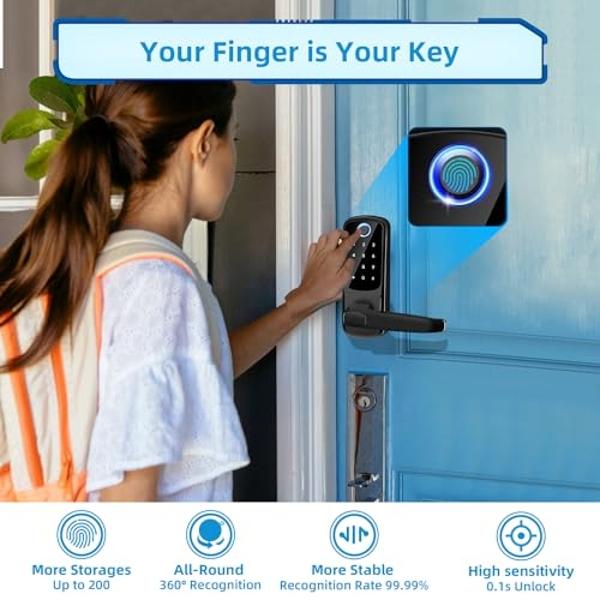 Smart Door Lock with Handle, Keyless Entry Digital Lock for Front/Interior Door,Fingerprint Exterior Locks, Electronic Deadbolt with Keypad,Biometric Door Knob,Smart Locks for Home