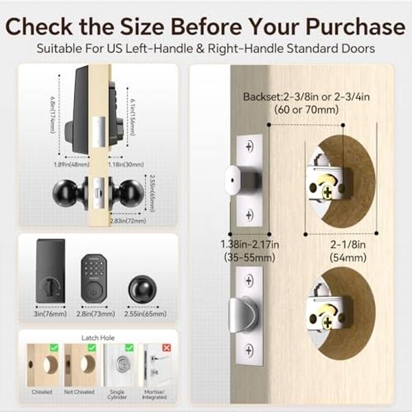 VCHOO Keyless Entry Door Lock with Handle App Control Door Locks for Front Door Anti-Peeping Password Smart Door Lock for Homes Hotel Bedroom Doors with 2 Door Knobs