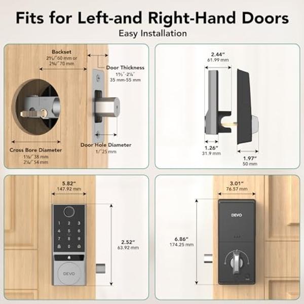 Devo G3 Door Lock for Front Door, 6 in 1 Fingerprint Keyless Entry Door Lock with Doorbell, Built-in Wi-Fi Smart Lock Deadbolt with App Remote Control, Easy Install No Hub, IP54 Wa