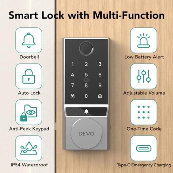 Devo G3 Door Lock for Front Door, 6 in 1 Fingerprint Keyless Entry Door Lock with Doorbell, Built-in Wi-Fi Smart Lock Deadbolt with App Remote Control, Easy Install No Hub, IP54 Wa