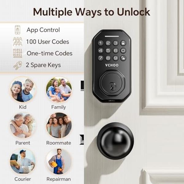 VCHOO Keyless Entry Door Lock with Handle App Control Door Locks for Front Door Anti-Peeping Password Smart Door Lock for Homes Hotel Bedroom Doors with 2 Door Knobs