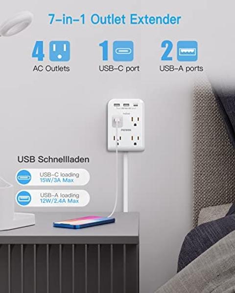 Flat Multi Plug Extender with 3 USB Wall Charger(1 Type C), 4 Outlet Wall Adapter, 4 ft Thin Extension Cord, Flat Plug Surge Protector Power Strip for Home, Office, College Dorm. W