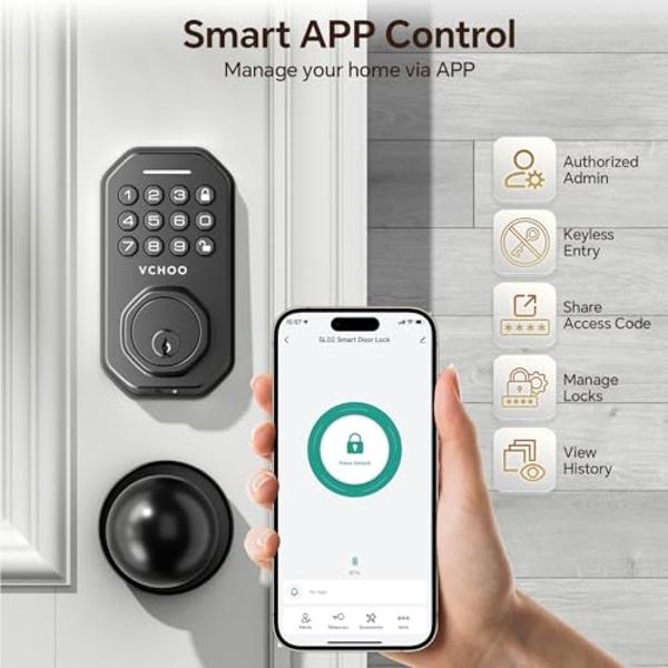 VCHOO Keyless Entry Door Lock with Handle App Control Door Locks for Front Door Anti-Peeping Password Smart Door Lock for Homes Hotel Bedroom Doors with 2 Door Knobs