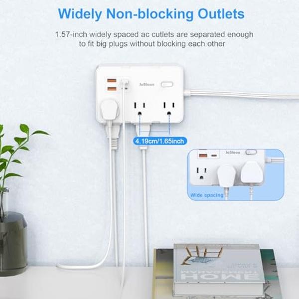Flat Plug Power Strip Surge Protector, 5ft Ultra Thin Extension Cord with 4 USB Wall Charger(2 USB C Port), 6 Widely-Spaced Outlets Power Strip Compact for Travel, Office, Dorm Roo