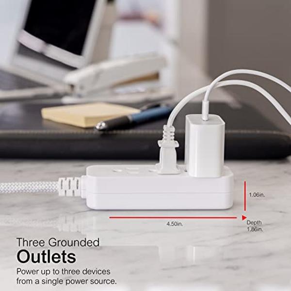 GE 3-Outlet Power Strip Surge Protector 8 Ft Braided Long Cord Extension Cord Surge Protector Power Strip Flat Plug Extension Cord 250 Joules ETL Listed White 38433