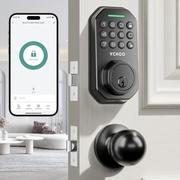 VCHOO Keyless Entry Door Lock with Handle App Control Door Locks for Front Door Anti-Peeping Password Smart Door Lock for Homes Hotel Bedroom Doors with 2 Door Knobs