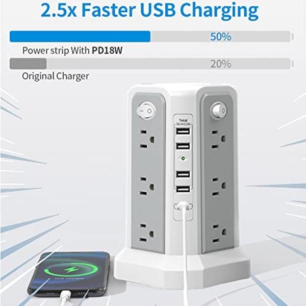 GE 3-Outlet Power Strip Surge Protector 8 Ft Braided Long Cord Extension Cord Surge Protector Power Strip Flat Plug Extension Cord 250 Joules ETL Listed White 38433
