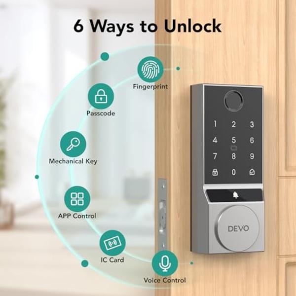 Devo G3 Door Lock for Front Door, 6 in 1 Fingerprint Keyless Entry Door Lock with Doorbell, Built-in Wi-Fi Smart Lock Deadbolt with App Remote Control, Easy Install No Hub, IP54 Wa