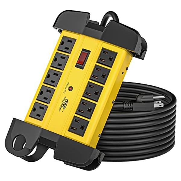 CRST 10-Outlets Heavy Duty Power Strip Metal Surge Protector with 15 Amps, 15-Foot Power Cord 2800 Joules for Garden, Kitchen, Office, School, ETL Listed(3165047) (10-Outlet, Yello