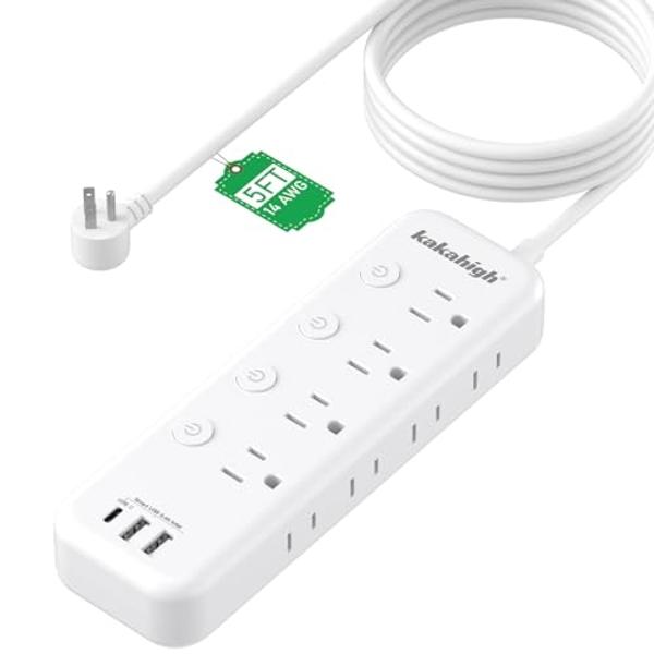 Appliance Extension Cord with Individual Switches on Off - 5 FT, 14 Gauge Heavy Duty Extension Cord with USB Ports, 8 outlets, High Wattage for Microwave, Workbench, Kitchen, Garag