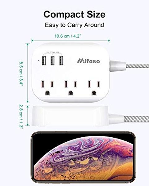 Mifaso USB Power Strip, Flat Plug Power Strip Extension Cord with 3 Outlets 3 USB Ports(Smart 3.1A), 5ft Braided Power Cord, ETL Listed Compact for Cruise Ship, Travel, Home, Offic