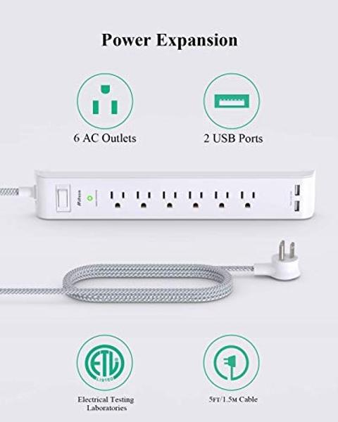 2 Pack Power Strip Surge Protector - 6 Outlets 2 USB Ports 5Ft Long Extension Cords, Flat Plug Overload Protection Outlet Strip, 900 Joules, Wall Mount for Home, Office and Dorm Es