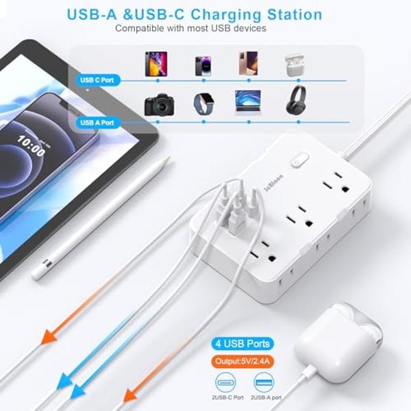 Flat Plug Power Strip Surge Protector, 5ft Ultra Thin Extension Cord with 4 USB Wall Charger(2 USB C Port), 6 Widely-Spaced Outlets Power Strip Compact for Travel, Office, Dorm Roo
