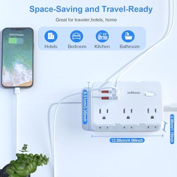 Flat Plug Power Strip Surge Protector, 5ft Ultra Thin Extension Cord with 4 USB Wall Charger(2 USB C Port), 6 Widely-Spaced Outlets Power Strip Compact for Travel, Office, Dorm Roo