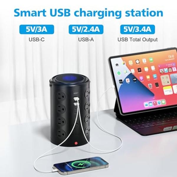 Tower Power Strip Surge Protector with 16 Outlets and 5 USB Ports (2 USB-C), 6FT Extension Cord with Multiple Outlets,Heavy Duty Charging Station,Home Office Dorm Room Essentials. 