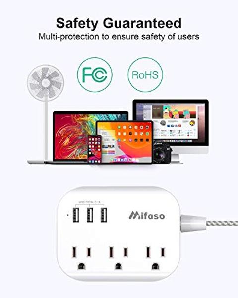 Mifaso USB Power Strip, Flat Plug Power Strip Extension Cord with 3 Outlets 3 USB Ports(Smart 3.1A), 5ft Braided Power Cord, ETL Listed Compact for Cruise Ship, Travel, Home, Offic