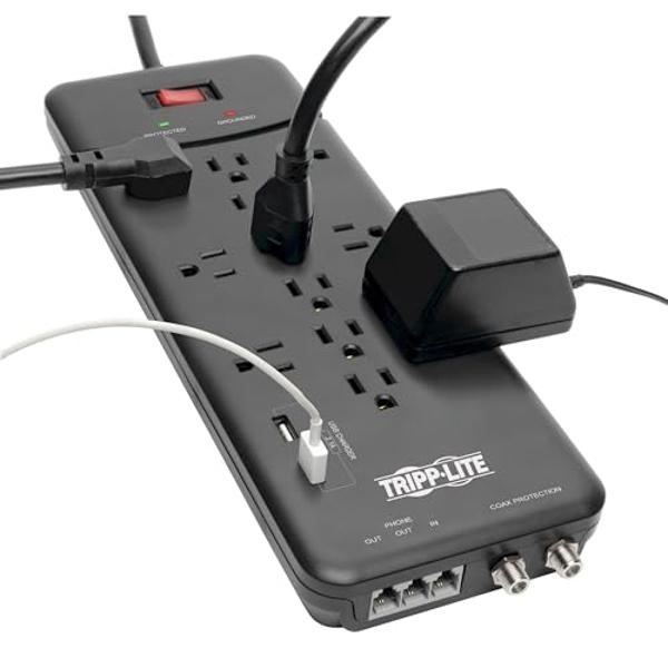 Tripp Lite TLP128TTUSBB 12 Outlet Surge Protector Power Strip, 2 USB Charging Ports, Tel/Modem/Coax Protection, 8ft Cord Right Angle Plug, Black, Lifetime Insurance & $150K Insuran