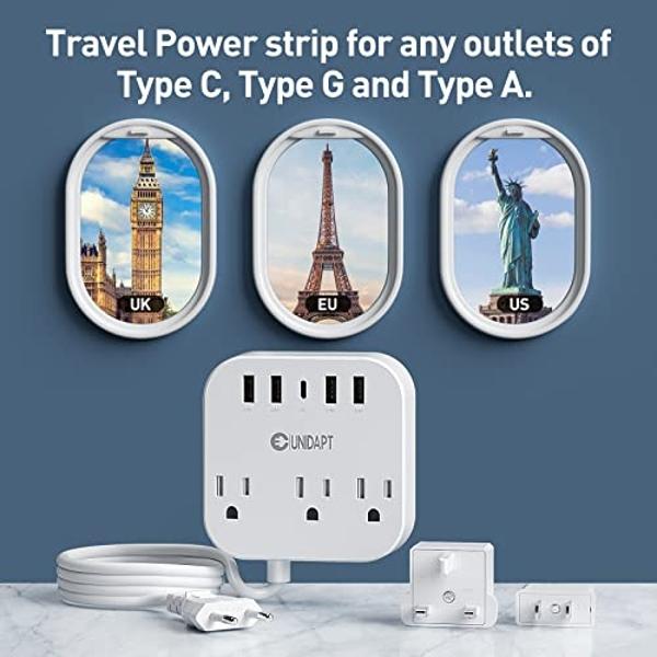 European Plug Adapter, Unidapt US to UK Europe Power Strip for EU/UK/US with USB C and 4 USB Ports, 3 AC Outlets, Wall Mountable, 5ft Extension Cord, for Travel Cruise Ship Home