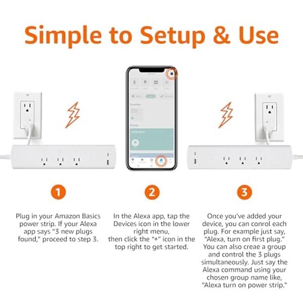 Amazon Basics Smart Plug Power Strip with 3 Individually Controlled Outlets and 2 USB Ports (1 USB-A and 1 USB-C), Works with Alexa Only, 2.4 GHz Wi-Fi, No Hub Required, White