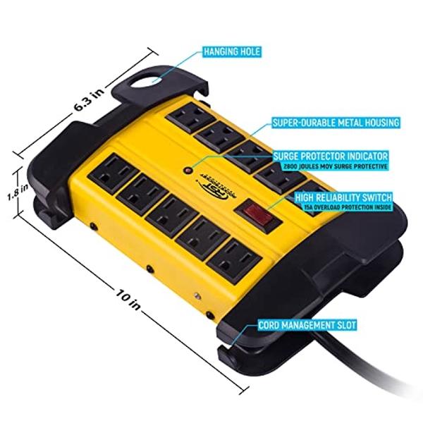 CRST 10-Outlets Heavy Duty Power Strip Metal Surge Protector with 15 Amps, 15-Foot Power Cord 2800 Joules for Garden, Kitchen, Office, School, ETL Listed(3165047) (10-Outlet, Yello