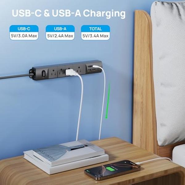 TROND Surge Protector Power Strip with USB, Ultra Thin Flat Plug 3ft Extension Cord 1625W, 3 USB A & 1 Type C, 4 AC Outlets 1440J Surge Protection, ETL Listed, Wall Mount for Home 