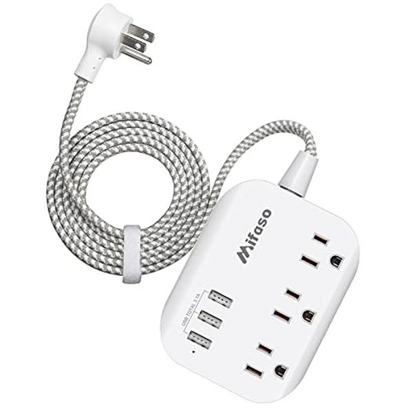 Mifaso USB Power Strip, Flat Plug Power Strip Extension Cord with 3 Outlets 3 USB Ports(Smart 3.1A), 5ft Braided Power Cord, ETL Listed Compact for Cruise Ship, Travel, Home, Offic