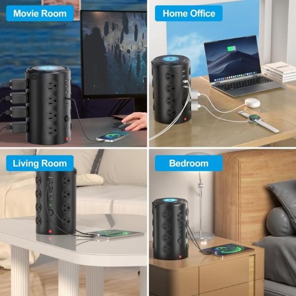 Tower Power Strip Surge Protector with 16 Outlets and 5 USB Ports (2 USB-C), 6FT Extension Cord with Multiple Outlets,Heavy Duty Charging Station,Home Office Dorm Room Essentials. 