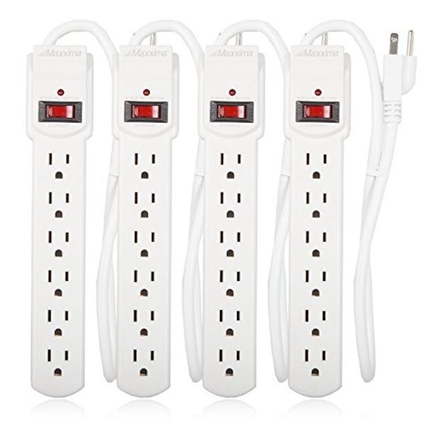Maxxima 6 Outlet Power Strip Surge Protector - 300 Joules, Features Red On/Off Switch, 4 Pack, Powers Multiple Electronics and Devices Simultaneously, Perfect for Home Appliances -