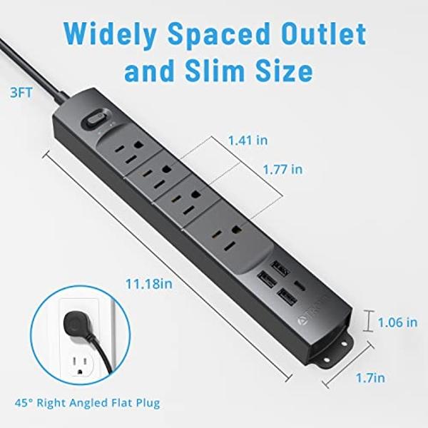 TROND Surge Protector Power Strip with USB, Ultra Thin Flat Plug 3ft Extension Cord 1625W, 3 USB A & 1 Type C, 4 AC Outlets 1440J Surge Protection, ETL Listed, Wall Mount for Home 