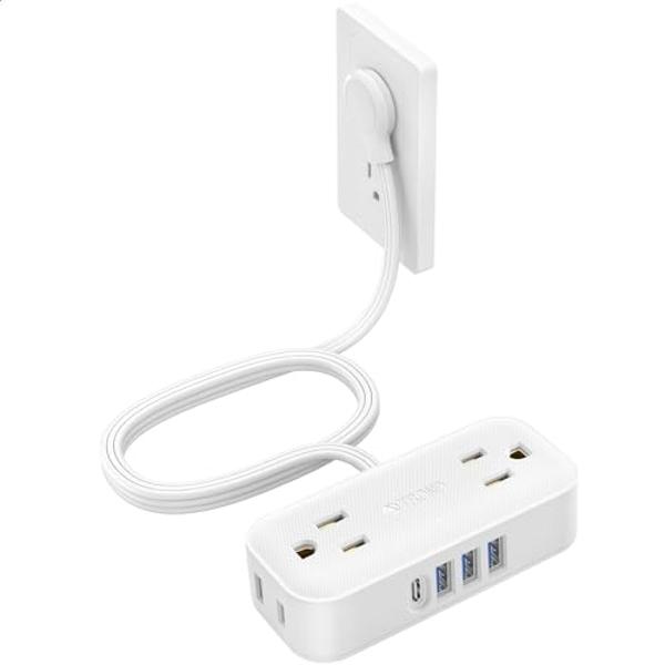 Flat Plug Surge Protector Power Strip, TESSAN 5 ft Extension Cord with 4 Outlets and 3 USB Ports, Indoor Desk Charging Station, 900J Surge Protector for Travel, Office, School, Dor