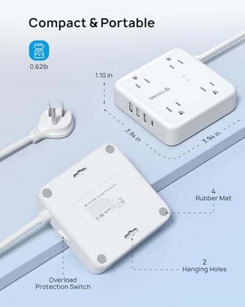 Flat Multi Plug Extender with 3 USB Wall Charger(1 Type C), 4 Outlet Wall Adapter, 4 ft Thin Extension Cord, Flat Plug Surge Protector Power Strip for Home, Office, College Dorm. W