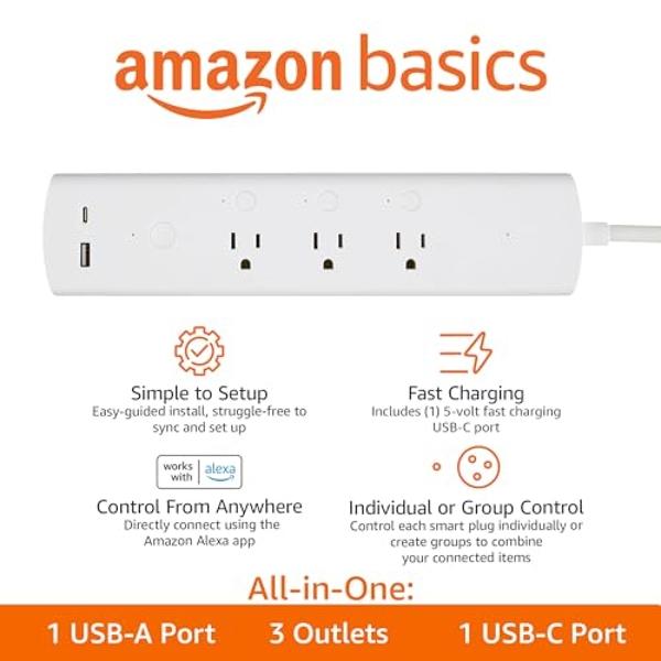 Amazon Basics Smart Plug Power Strip with 3 Individually Controlled Outlets and 2 USB Ports (1 USB-A and 1 USB-C), Works with Alexa Only, 2.4 GHz Wi-Fi, No Hub Required, White
