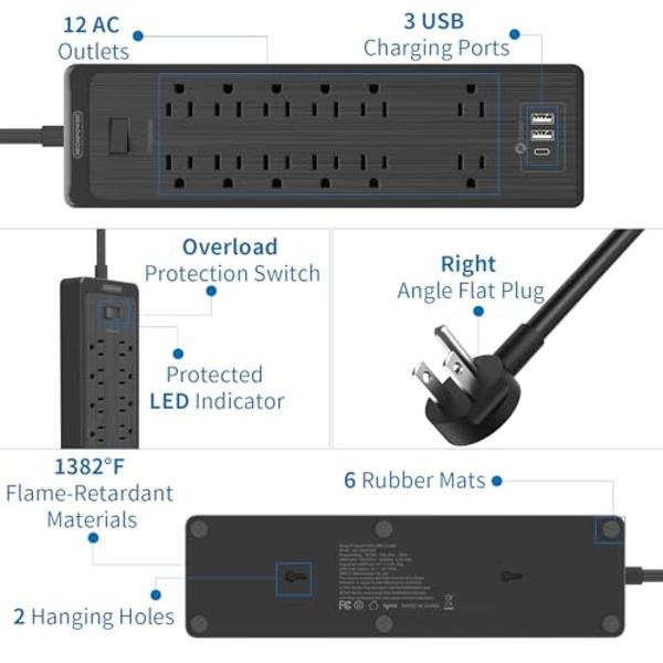 Appliance Extension Cord with Individual Switches on Off - 5 FT, 14 Gauge Heavy Duty Extension Cord with USB Ports, 8 outlets, High Wattage for Microwave, Workbench, Kitchen, Garag
